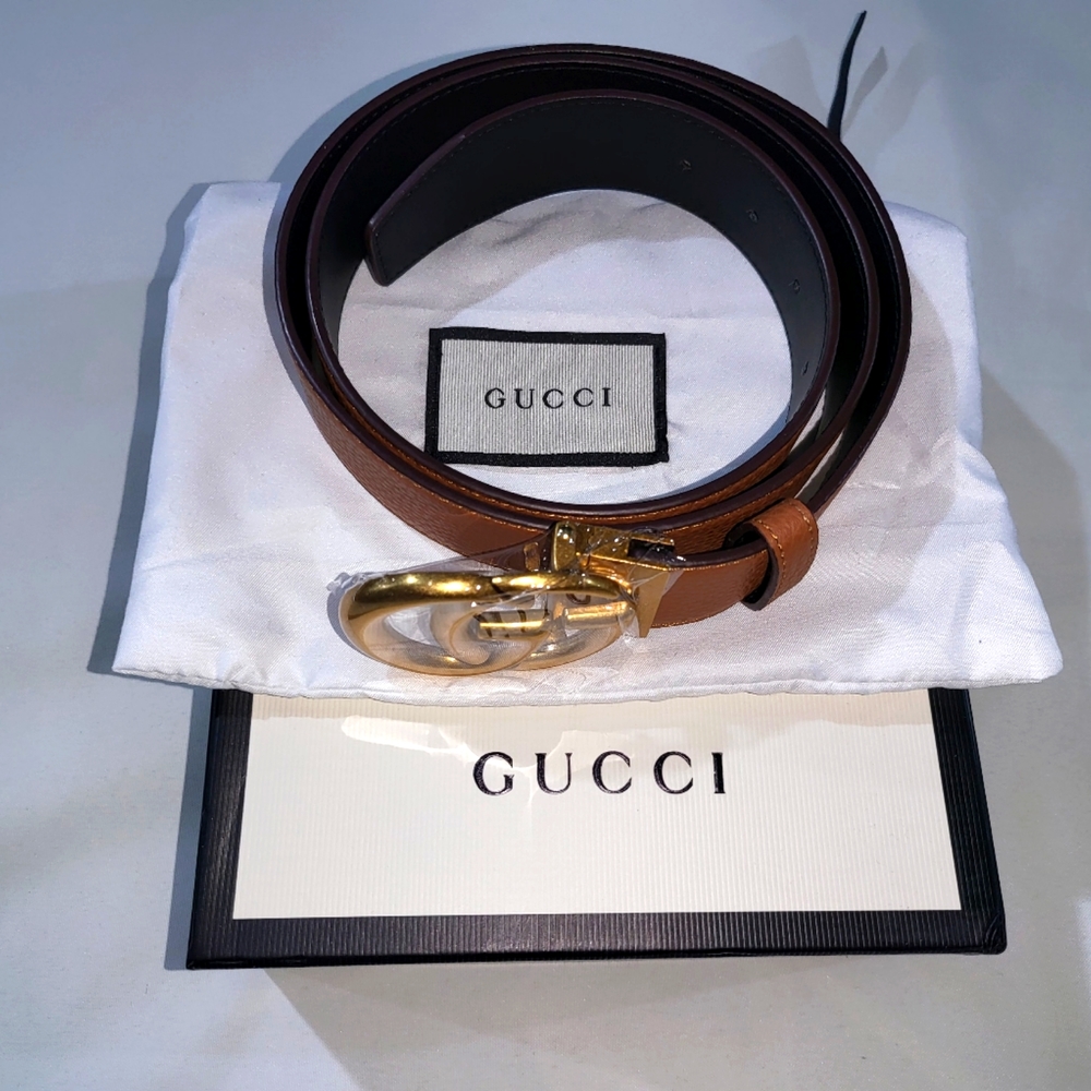 GUCCI GOLD BROWN LEATHER BELT WITH DOUBLE G BUCKLE